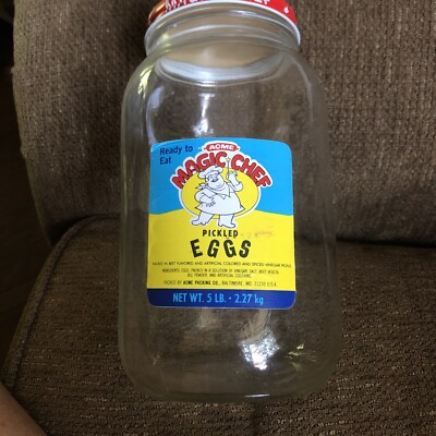Vintage Acme Magic Chef Pickle Eggs Gallon Glass Jar  Original￼ Lid and Label.
