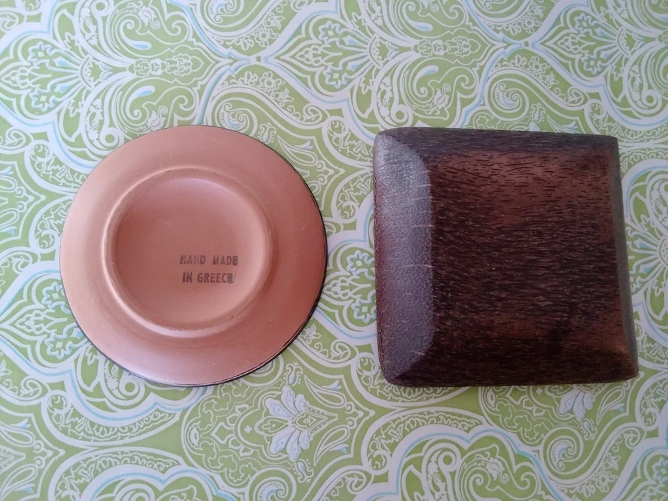 Plato de baratija griego hecho a mano Grecia cerámica terracota con madera 3,5 pulgadas Foto 3 de 4