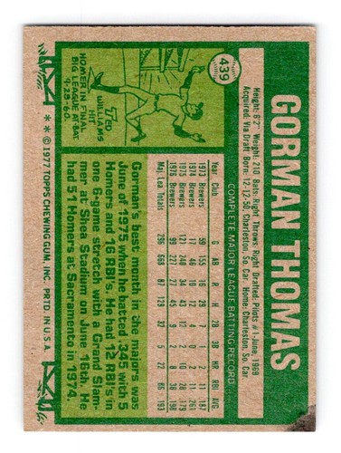 1977 Topps #439 Gorman Thomas Milwaukee Brewers Ex+ - Imagen 2 de 4