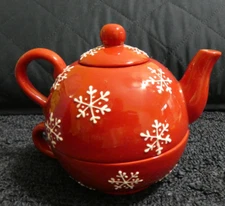 Harry & David Teapot Cup Set Tea for One 2006 Red Christmas 'Snowflake" NIB