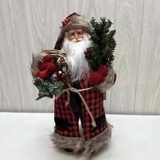 15" Plaid Black Bear Santa - Red