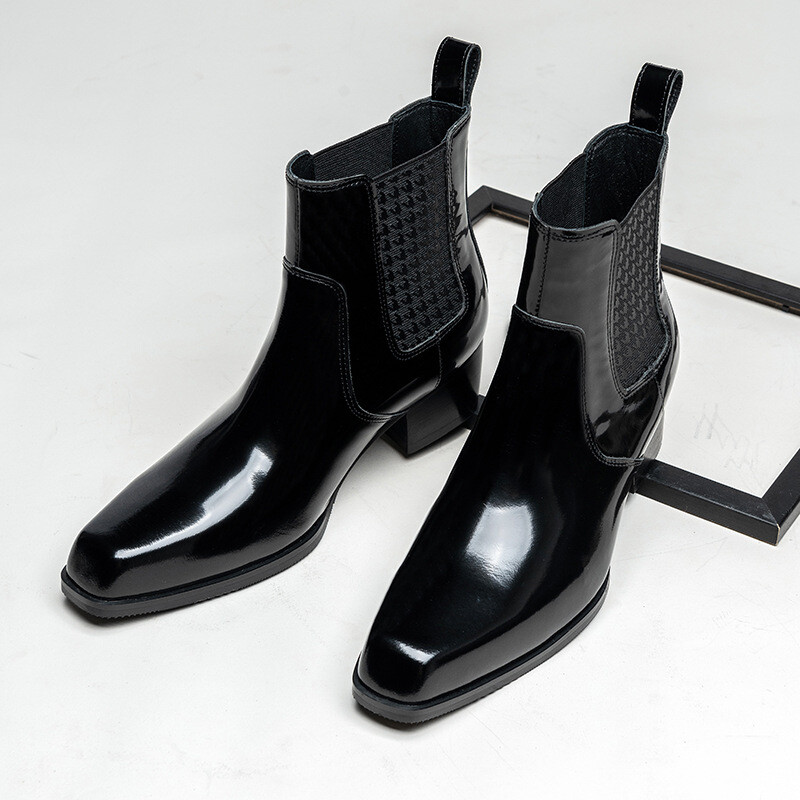Men's Real Leather Square Toe Chelsea Boots with Cuban Heel for Fall Winter-image