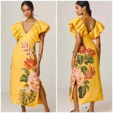 NEW, Farm Rio Spring Awakening Placed Floral Linen Dress size M #MD369