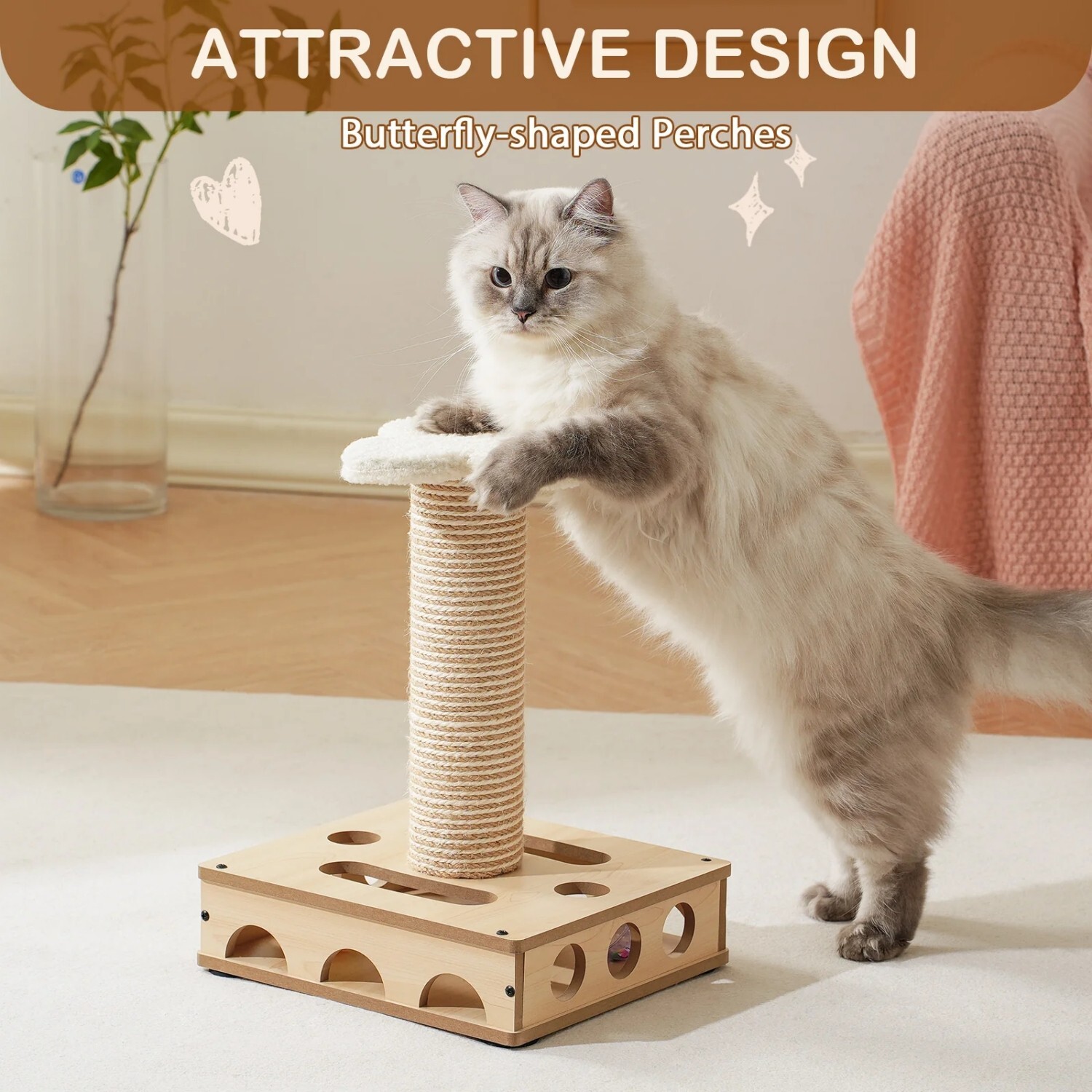 Mewoofun Sisal Cat Scratching Post Interactive Wooden Cat Toy Puzzle Box Cat Toy
