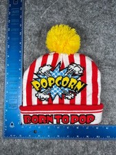 Popcorn Born To Pop Beanie Toque Youth One Size Red Stripe Knit Acrylic Pom
