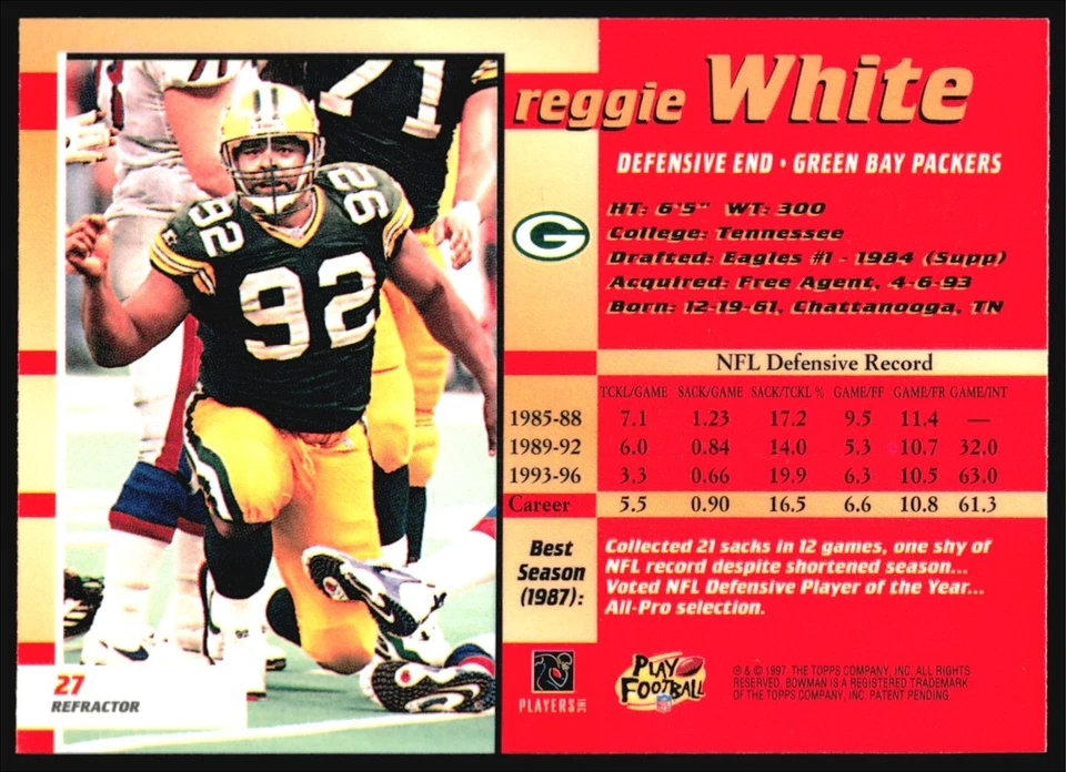 1997 Bowman's Best REGGIE WHITE Refractor #27 - Image 2 of 2
