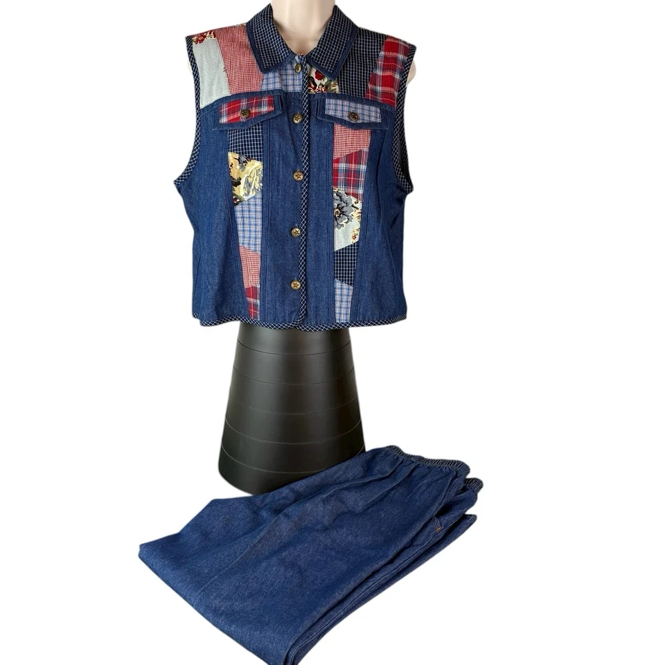 Koret 2 Piece Vest Pants Set Women L Petite Denim Floral Patchwork Vintage (944) - Image 2 of 4