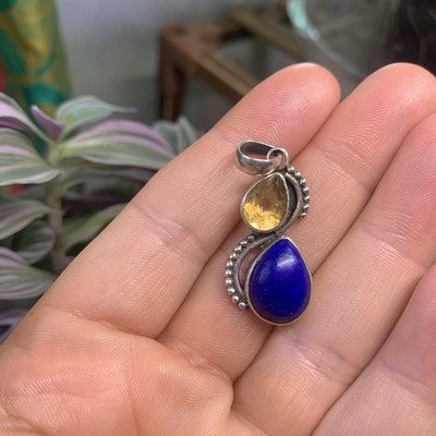 Halskette mit Anhänger Lapislazuli Citrin ~ Indien Silber mit facettiertem Sterlingsilber