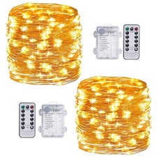 Warm White Fairy Lights Battery Operated with Remote, 2Pack 33ft 100 LED Outd...