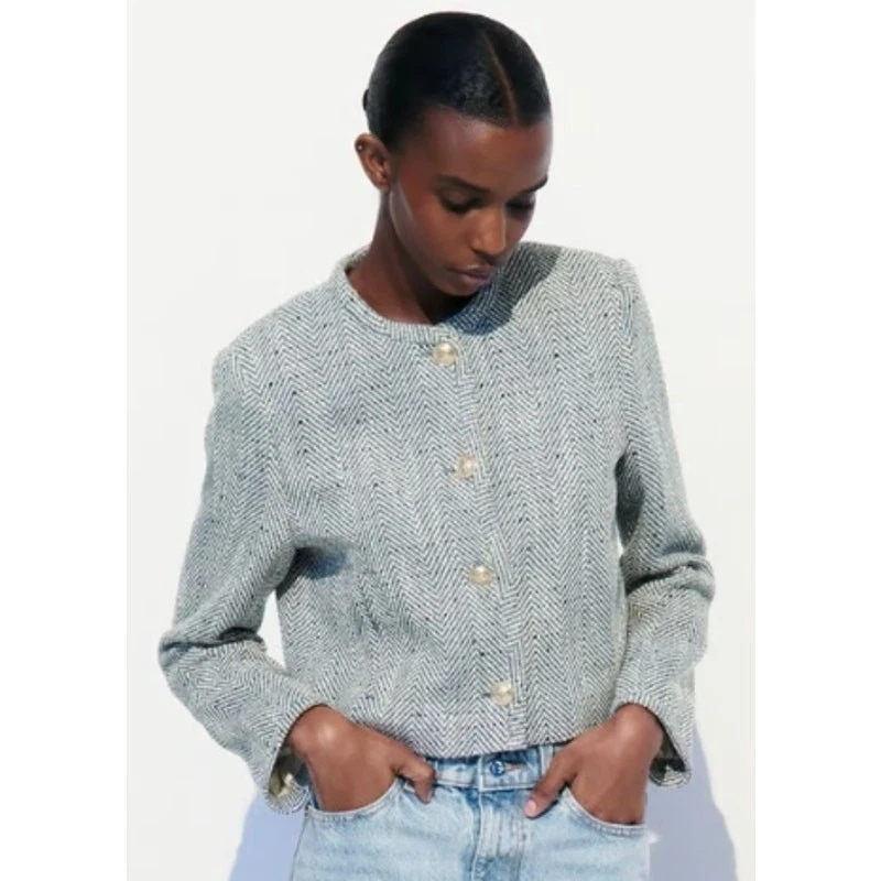 Jaqueta Blazer Zara Feminina Azul Espinha de Arenque Botão Dourado Manga Longa Cropped P - Imagem 3 de 4