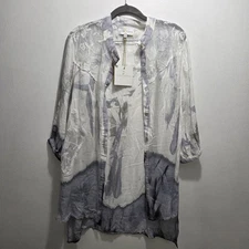 NWT Belle France Shirt Womens Large White Gray Sheer Blouse Floral Lace Artsy