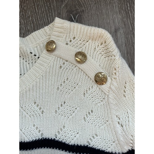 Talbot's Navy Cream Striped Nautical Gold Button Sweater Medium - Picture 2 of 9