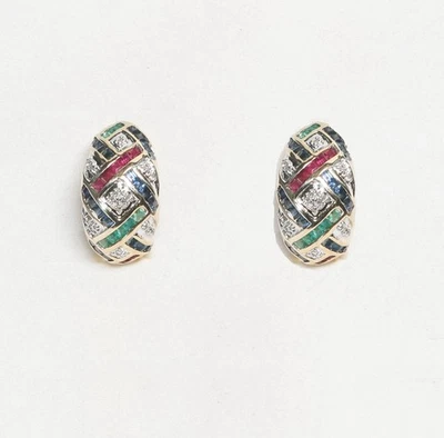 14k Gold Emerald Sapphire Ruby Diamond Omega Back Designer Earrings 9.76g - Image 1 of 4