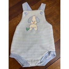 Vintage Health-tex Shortall One Piece Blue White Gingham Boy's Size 6 Months