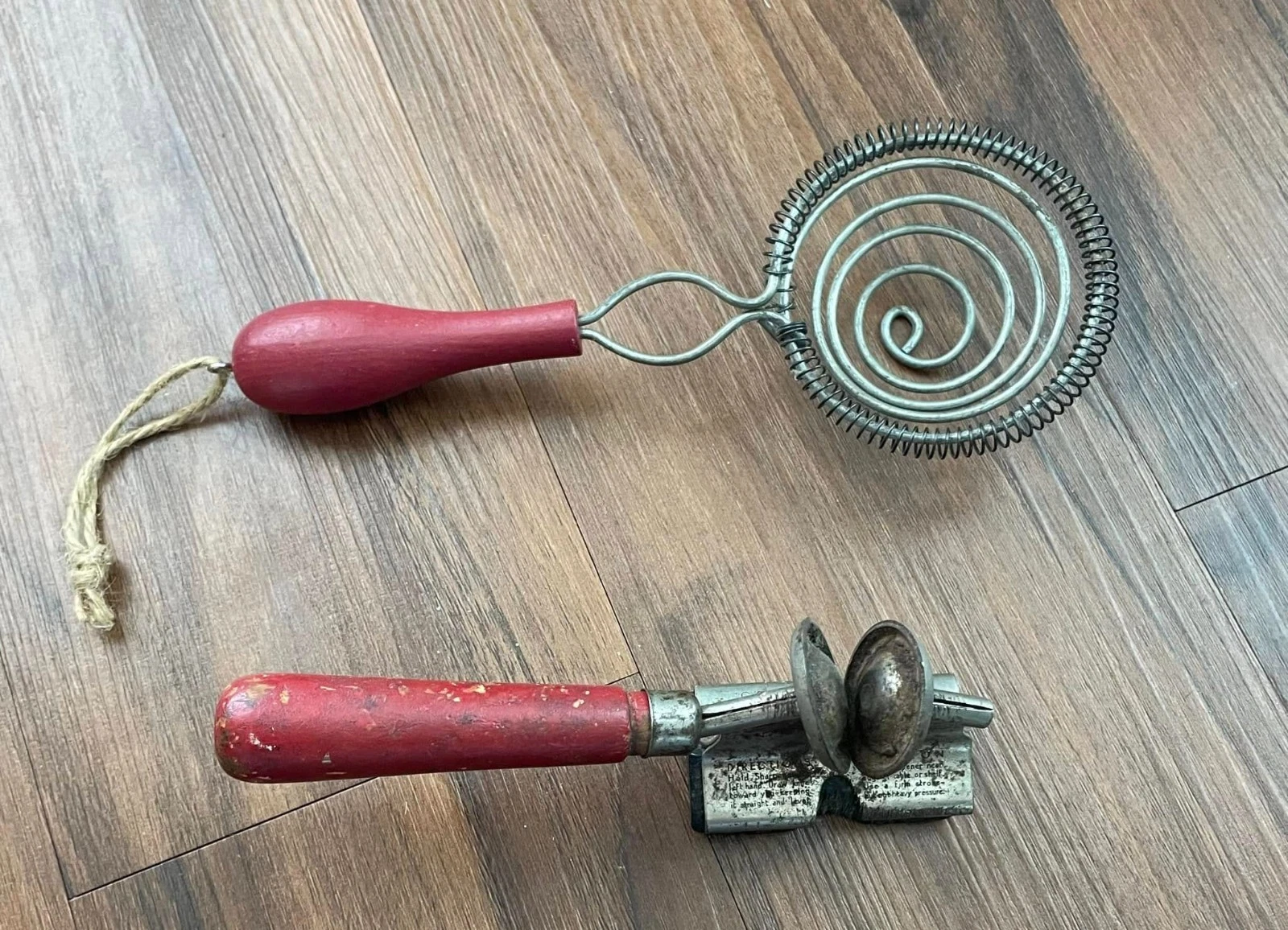 Lot Vintage Kitchen Tools: Skimmer Spoon, Spoon, Wire Whisk, Knife Sharpener