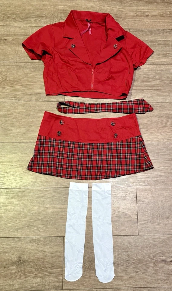 SEVEN 'TIL MIDNIGHT 4 piezas conjunto de niña escolar rojo con calcetines blancos y corbata NUNCA USADO Foto 3 de 4