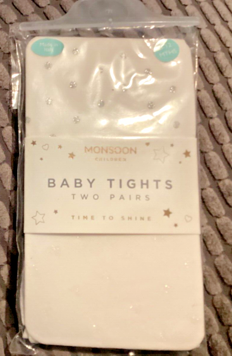 BNIP Monsoon Children 2 Pairs Baby Tights - White Silver Sparkle Dots  6-12 Mths