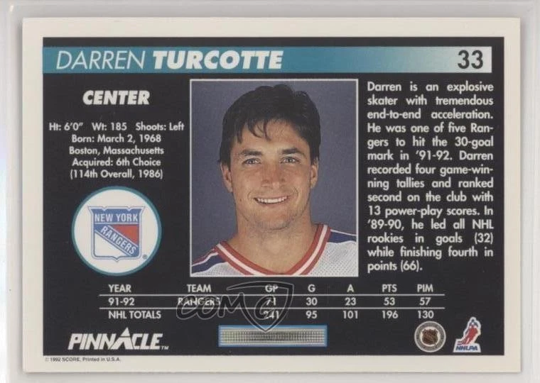 1992-93 Pinnacle Darren Turcotte #33 - Image 2 of 2