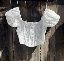 White Cotton Eyelet Corset Crop Top Pouf Sleeve Ruched Ruffle Sz S Side Zip Boho