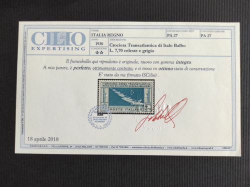 1930 Italia Regno Posta Aerea - Crociera Balbo 7,70 . Gomma Integra . © Cilio . - Foto 1 di 3
