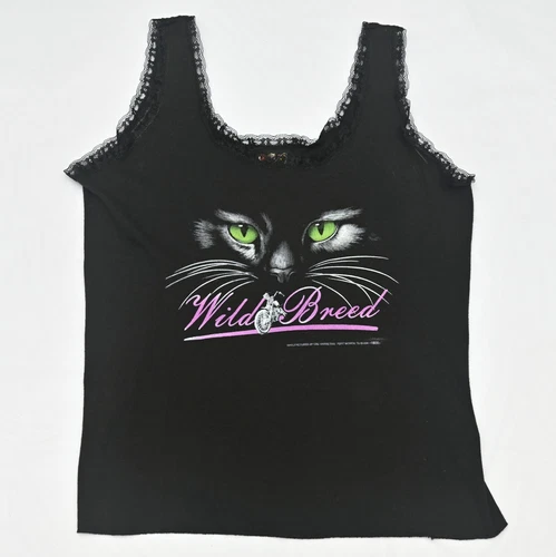 VTG 90's Retro Moto Biker 3D Emblem Wild Breed Black Cat Lace Tank Top Large USA