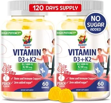 SUNNY SAM Sugar-Free Vitamin D3 K2 Gummies 5000 IU - Immune & Bone Support Gu...