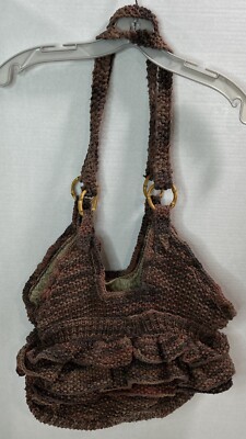 Vintage Handmade Crochet Knitted Shoulder Bag Cotton Lined W/Pocket Gray/Brown