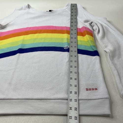 Peace Love World Sweatshirt Girl 12 White Rainbow Cold Shoulder Long sleeve - Picture 12 of 17