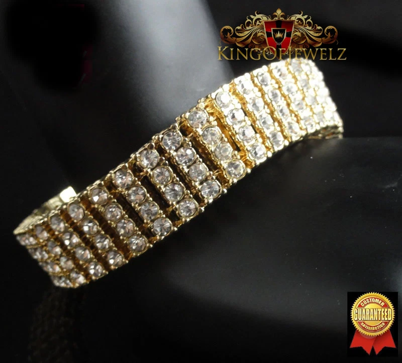 New Men's 14k Yellow Gold Tone Finish 4 Row  Hip-hop  Tennis Bracelet 8.5" Inch - Image 2 of 4