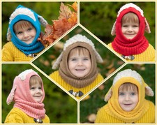 Kids, baby winter knit hat with ears, balaclava, scarf, for ages 2-6 years old