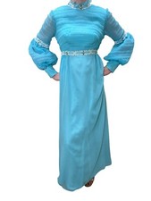 S Vtg 60s Prom Party Dress Leg O Mutton Sleeve Empire Blue Chiffon Maxi Gown