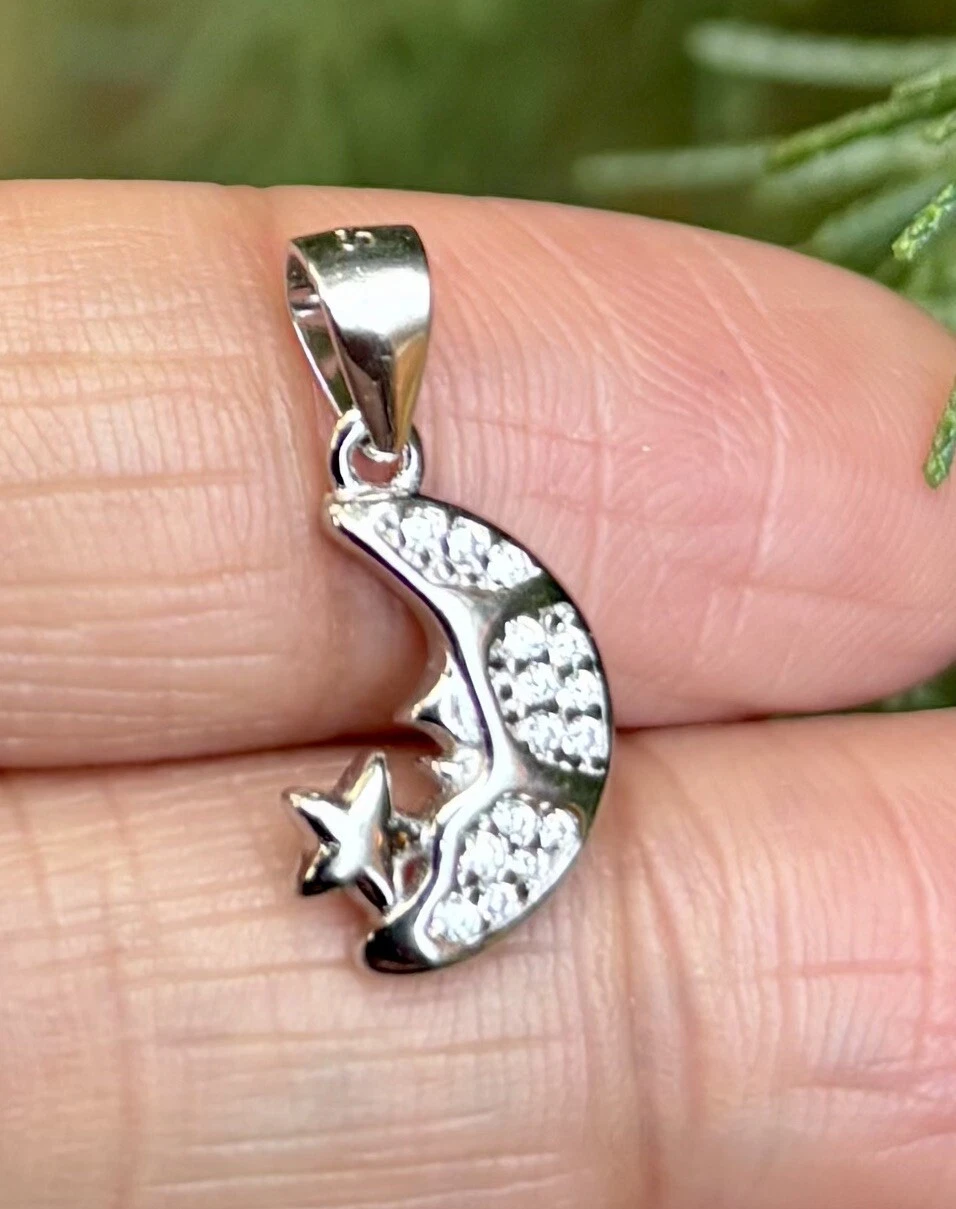 925 Sterling Silver MOON STAR Charm Pendant Cz Small Minimal Jewelry 1.18 g
