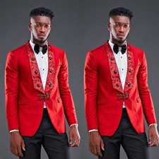 Fashion Red Men's Suits Paisley Beaded Wedding Tuxedos Evening Party Prom Blazer