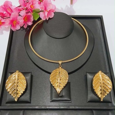 African Bold Party Gold Leaf Jewelry Set | Necklace + Earrings