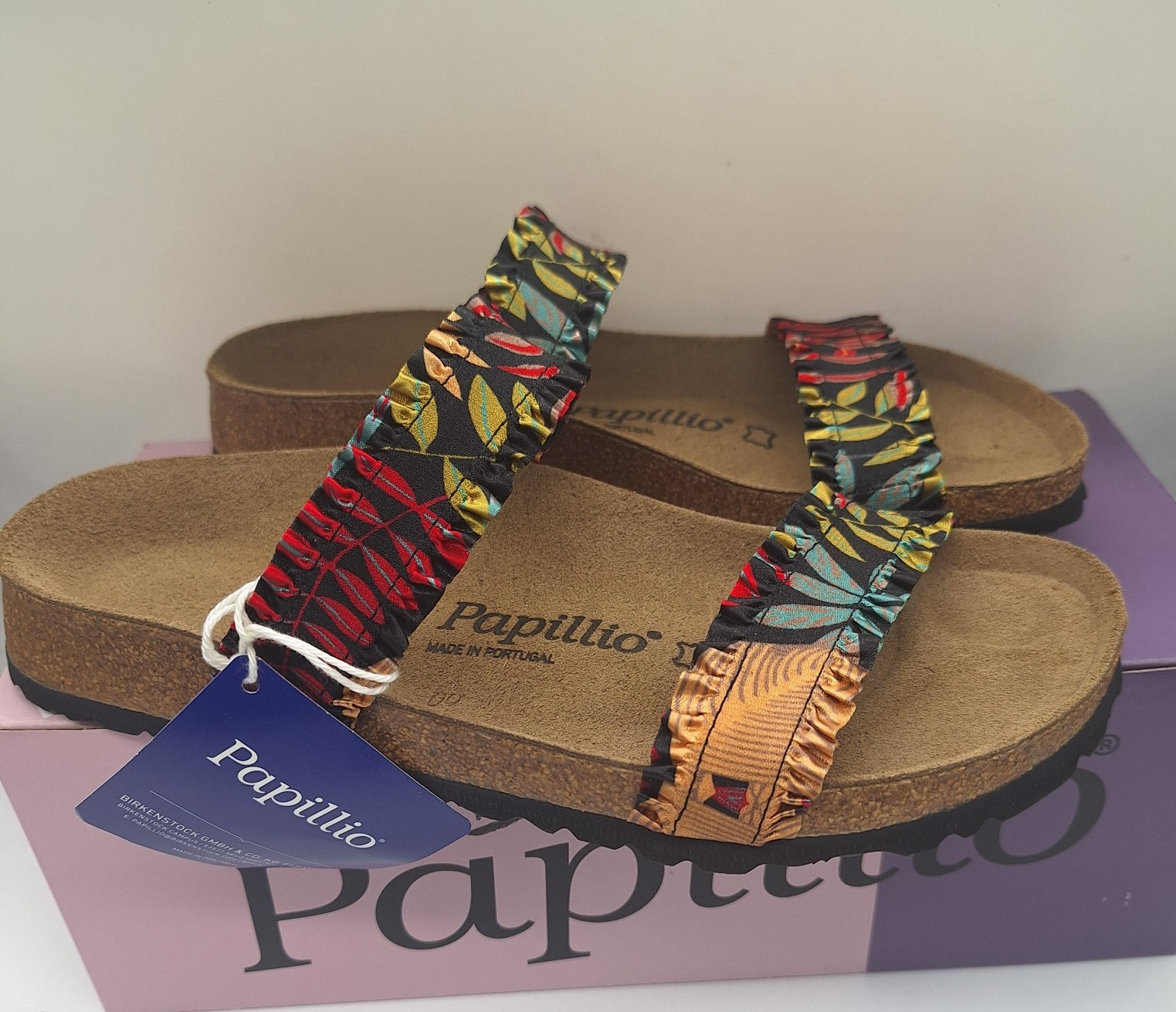 Papillio Curacao Ruffle Double Band Floral Slide Sandal 42 Narrow US L 11 UK 8