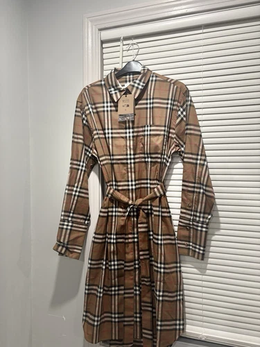 NWT BURBERRY Ivery Taupe BROWN CHECK COTTON BELTED DRESS US 4 0+tax