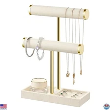 2-Tier Velvet Jewelry Display Stand - Detachable T-Bar for Bracelets, Necklaces