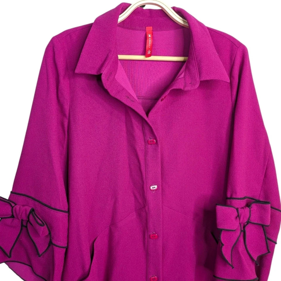 Túnica swing IC Collection top grande magenta rosa manga arco botão bolsos frontais - Imagem 3 de 4