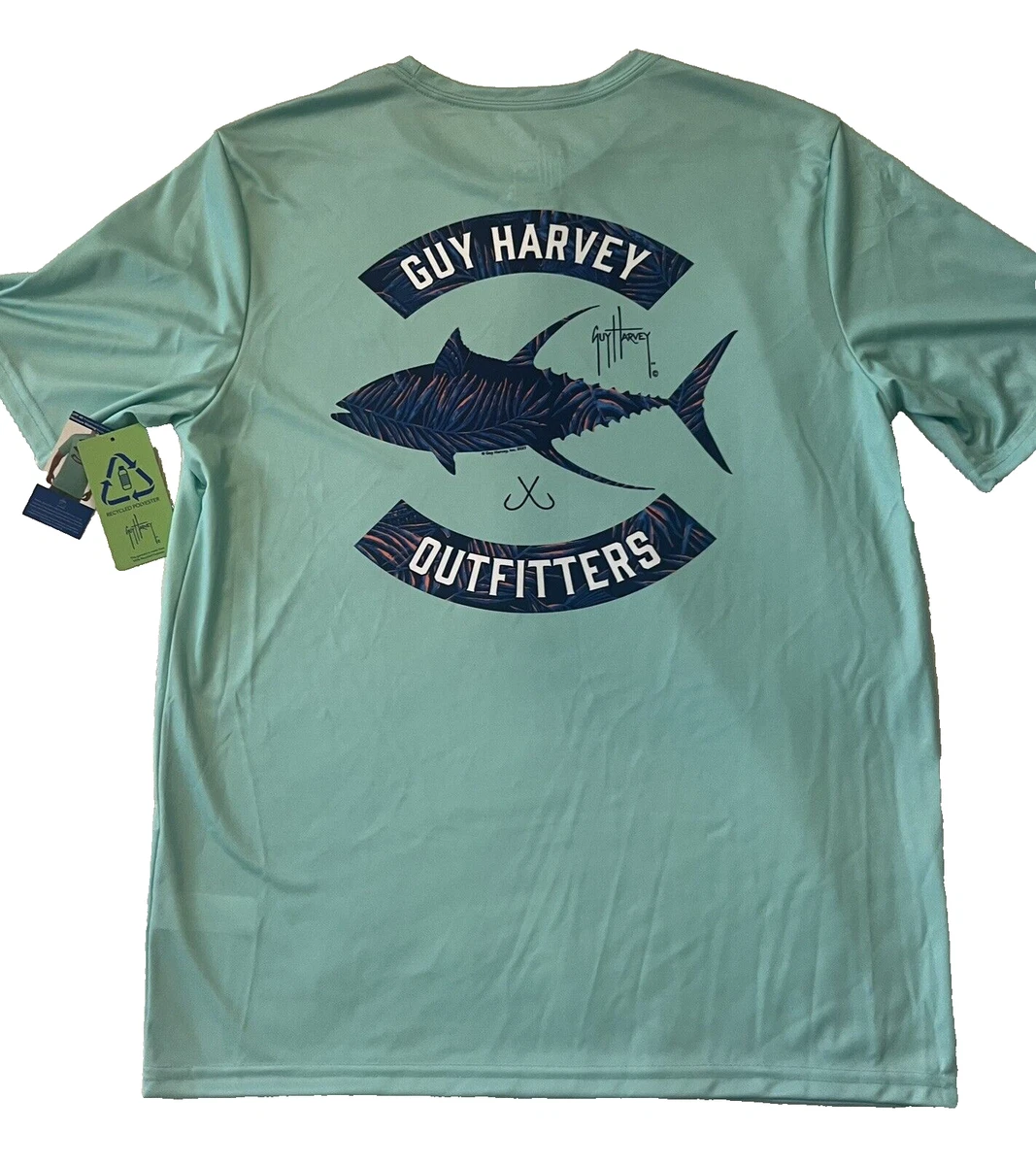 Camisa de pesca de manga corta de poliéster verde Guy Harvey Outfitters nueva con etiquetas (mediana)