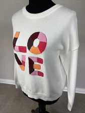 NEW PINCH Size S 46" Pullover Sweater Dimensional LOVE Pink Orange Brown White