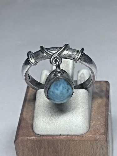 Vintage Sterling Silver Dangle Teardrop Larimar Gemstone Ring 4.3g Sze 7.5