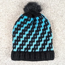 Womens Crochet Beanie Hat Black Sky Blue Geometric Pattern Pom Pom Winter Warm