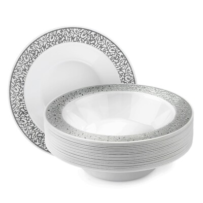 20x Elegant White Plastic Bowls with Silver Border for Weddings & Parties