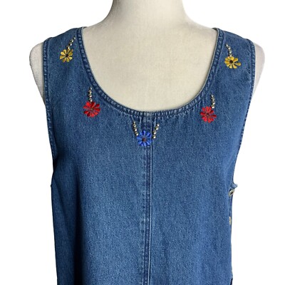 Vintage Embroidered Denim Pinafore Dress L Petite Med Wash Maxi Buttons  Pockets | eBay