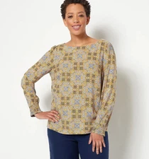 Denim & Co. Essentials Perfect Jersey 3/4 Sleeve Top Sunset Gold Size L A520328