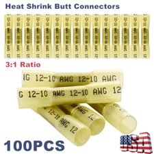 100pcs Yellow 12-10AWG Heat Shrink Butt Crimp Connector Splice Seal Terminal Kit