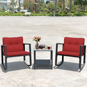 3 Pcs Patio Rattan Furniture Set W 2 Rocking Chairs Glass Top Table Burgundy Ebay