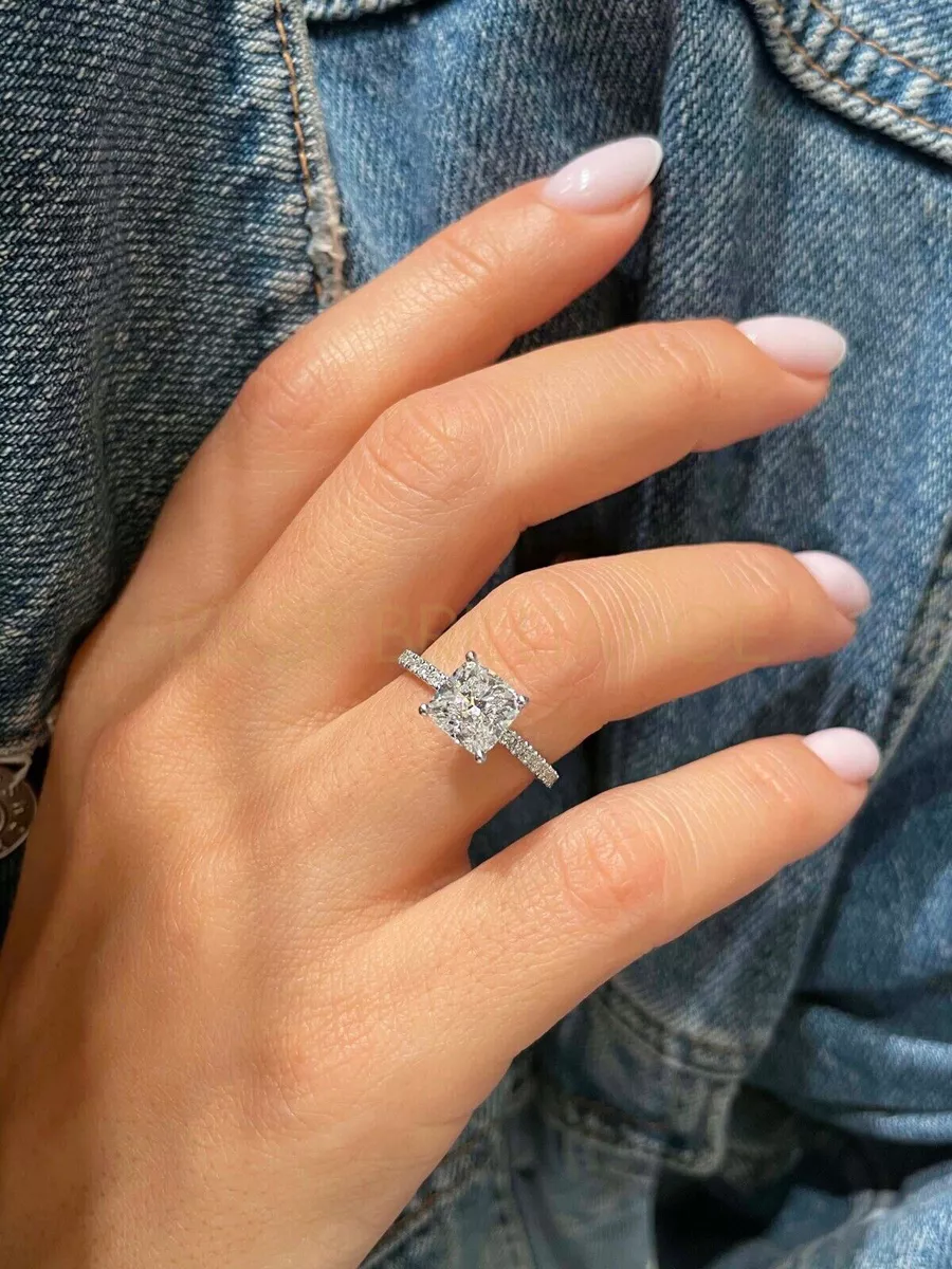 2.5 Ct Natural Cushion Cut Diamond Hidden Halo Engagement Ring in