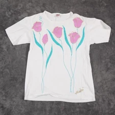 VTG  Midori Spring Tulips Adult Medium White Pink Green Tulips Signed USA Anvil