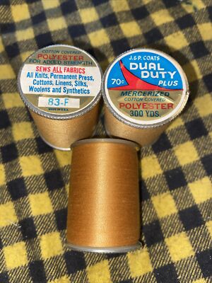 3 Lot J&P Coats Mine Gold #83-F Dual Duty Sews All Fabrics Thread 300 Yd Ea